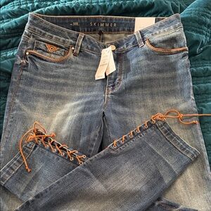 White House Black Market Blue Skimmer Jeans with Tan Accents